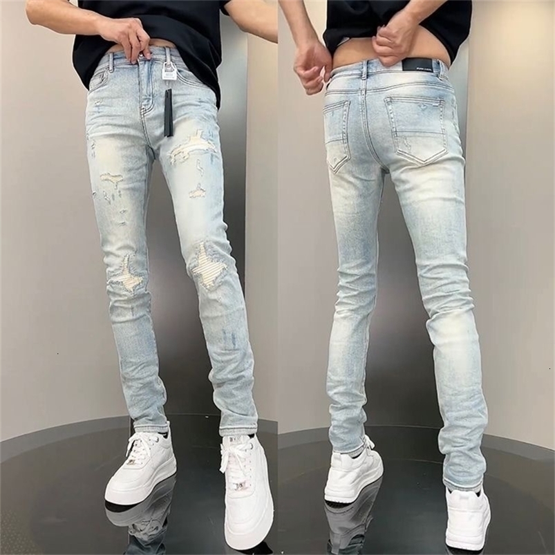 Jeans For Man Classic Patchwork Light Blue Stretch Ripped Denim Pants High Quality Slim Fit Stretch Hip Hop Mens Clothing 240819