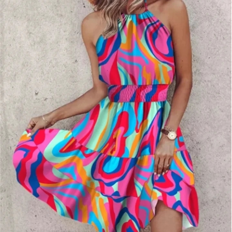Sexy Colorful Printed Sleeveless Dress Womens Beach Vacation Mini Dresses Summer Bohemian A Line Dresses 250326