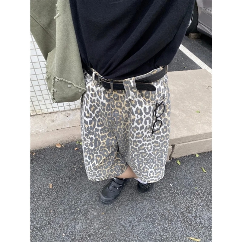Pantaloncini da donna Jeans Pantaloni dritti a vita alta leopardati Streetwear Harajuku Y2K Pantaloni vintage a gamba larga in denim a cinque punti