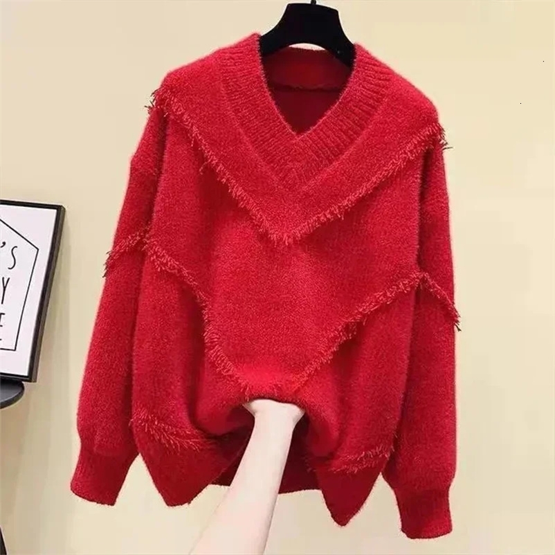 Casual Fashion Solid V-neck Womens Sweater Autumn Winter Style Lazy Style Loose Thick Loose Knitted Womens Top 241219