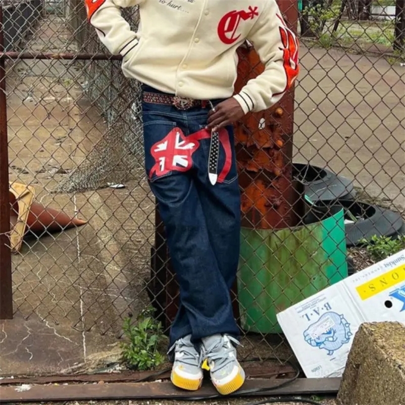 Graphic Print Baggy Jeans Men Clothing High Street Vintage Hip Hop Mens Jeans Casual Straight Wide Leg Jeans for Men Pants 240327