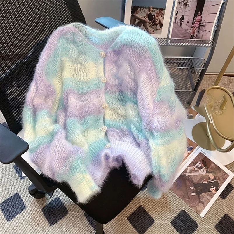 Soft Sweet Age-Reduce Rainbow Gradient Sweater Womens High-Grade Sense Autumn Gentle Wind Mohair Knit Cardigan Thicken 240815