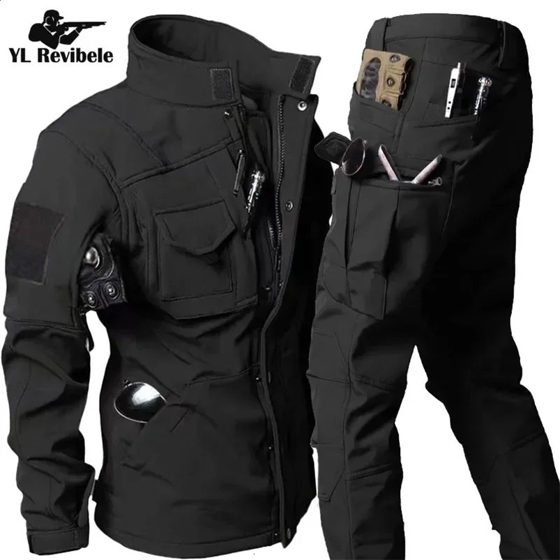 Military Fleece Warm Sets Men Outdoor Army Waterproof Cargo JacketMulti-pocket Straight Pant 2 Pcs Suit Soft Shell Tactical Set 240819
