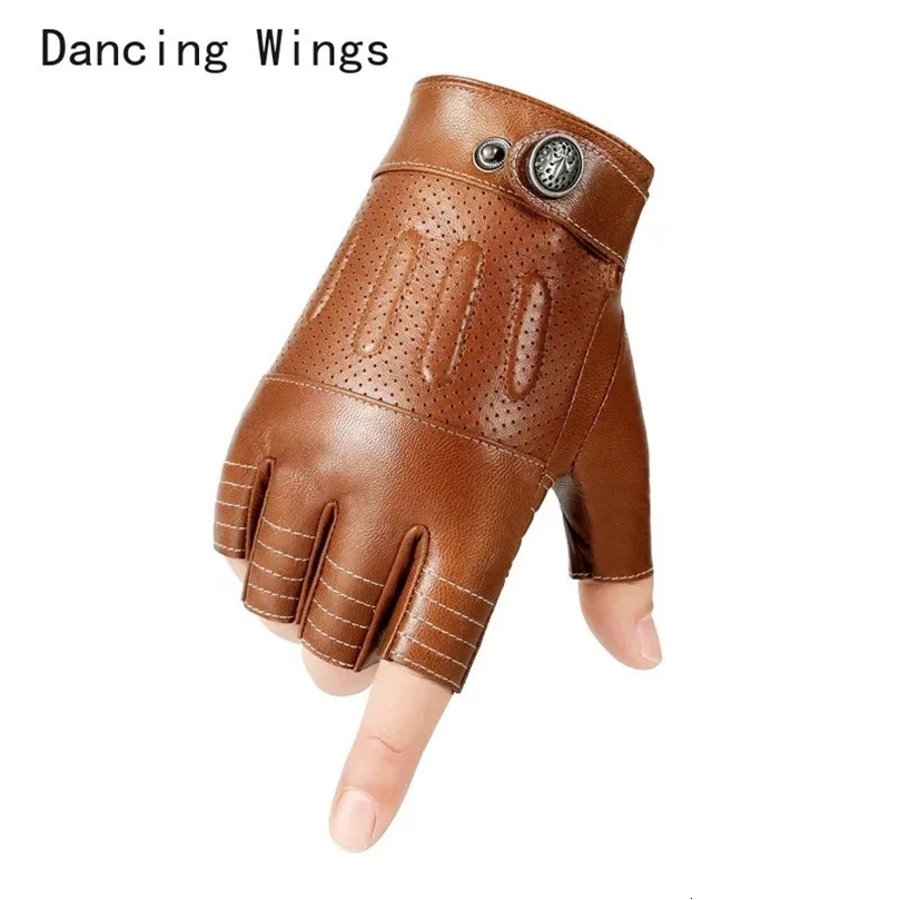 Men Genuine Leather Gloves Fingerless Mittens Black Half Finger Outdoor Tactical Mens Driving 240428