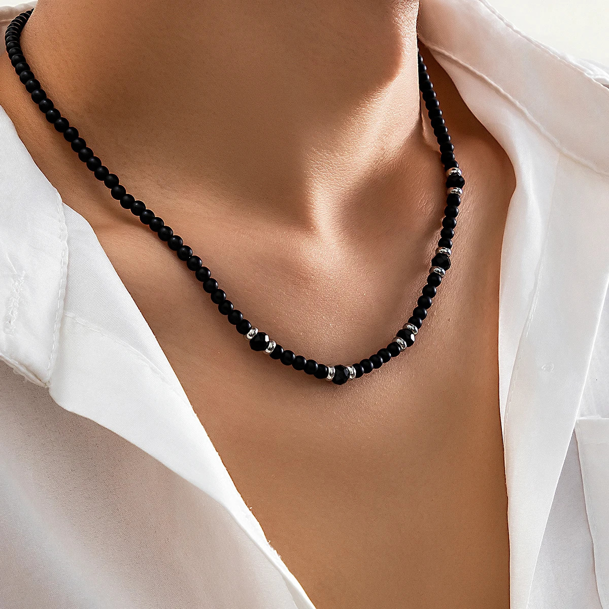 Salircon Punk Black Crystal Bead Clavicle Necklace Mens Simple Ethnic Style Bead Chain Choker On Neck Jewelry Gift 250815