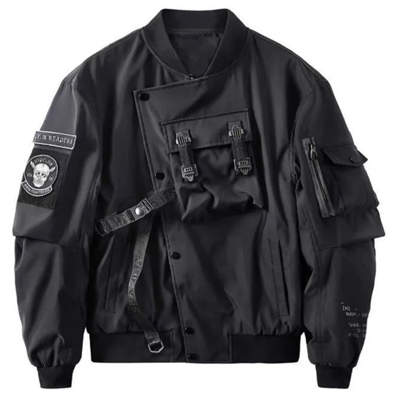 God of Death Bomber Jacket Chest Pocket Techwear Men Punk Hip Hop Tactical Streetwear Black Varsity Jackets Oversized MA1 Coats 240829