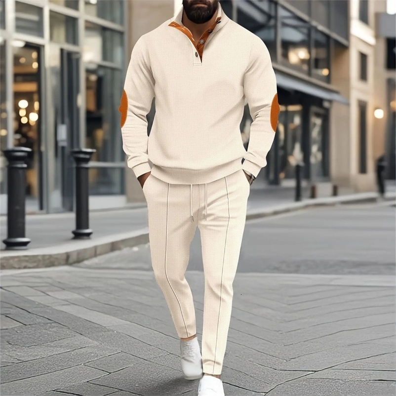 Autumn and winter mens fashion outdoor sports half zipper Waffle casual stand collar long sleeve hoodie trousers mens su250214bj