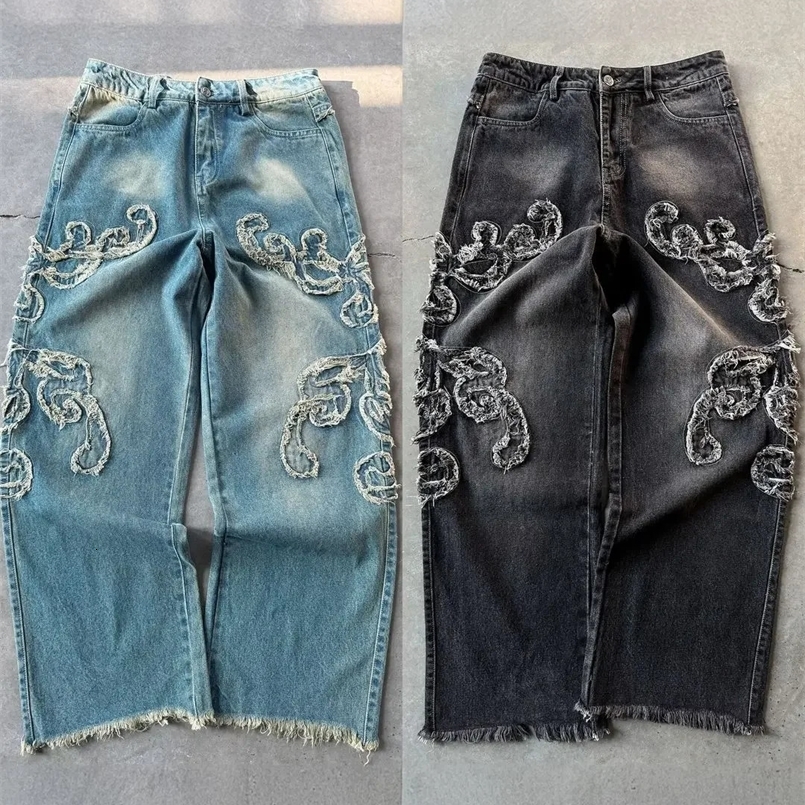Fashionable men and women retro punk trend loose Korean straight leg pants embroidered printed jeans Y2K minimalist Gothic pants 250303