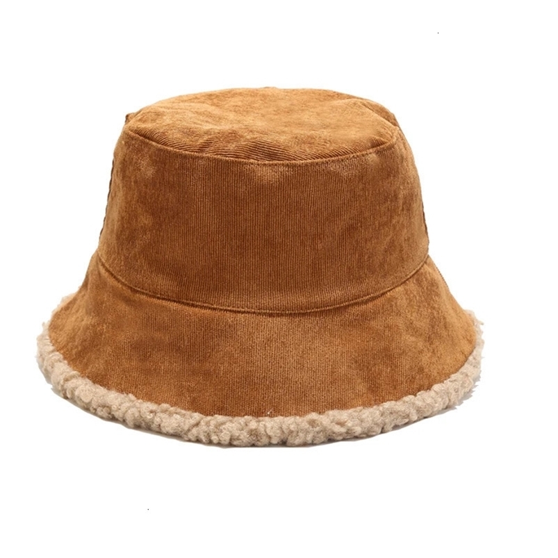 Wide Brim Hats Bucket Hats Reversible Faux Fur Bucket Hat Women Winter Lamb Wool Fleece Cap Corduroy Fisherman Hats Sunscreen Panama Caps 231108