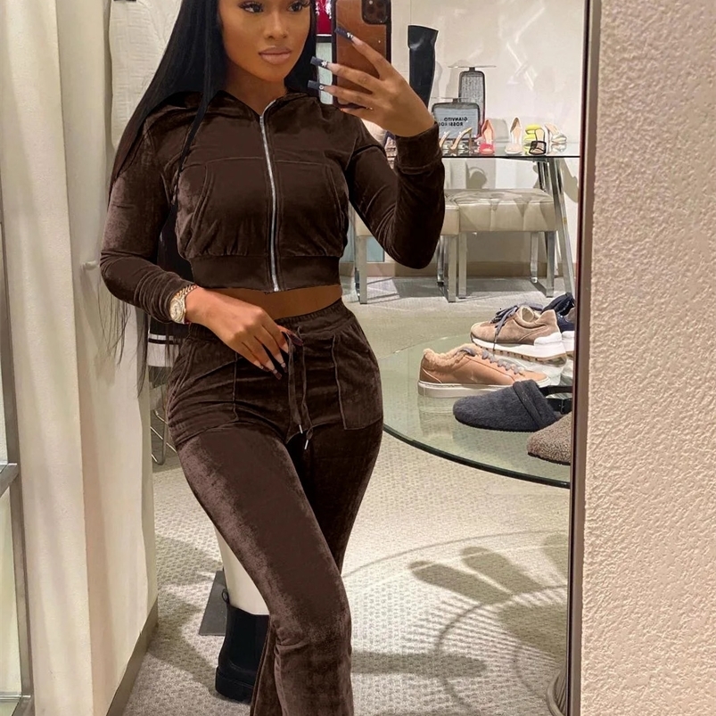 Winter Autumn Velvet Outfit Sexy Women Two Pieces Casual Tracksuit High Street Matching Set Hooded TopFlare Pants 240812