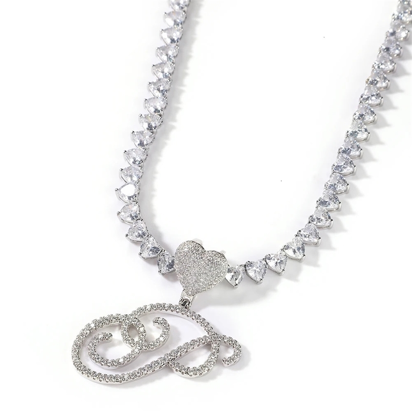 Uwin Cursive Letters With 6mm Heart Tennis Chain Intial Iced Out Brush Name Necklace Custom Charm Women Accessories Jewelry 240626