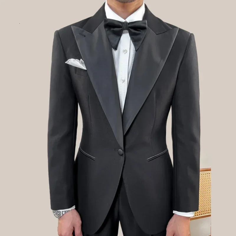 Men Suits Black Fashion Lapel Solid Groom Wedding Tuxedo Elegant Banquet Prom Party Solid Male Suit Slim BlazerPants 250811