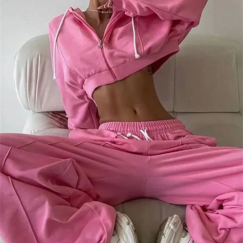 Women Tracksuit Solid Knitted 2 Piece Sets Long Sleeve Zipper Hooded Sweater Jackets Crop Top Oversize Street Hoodie Pants Sets 240812