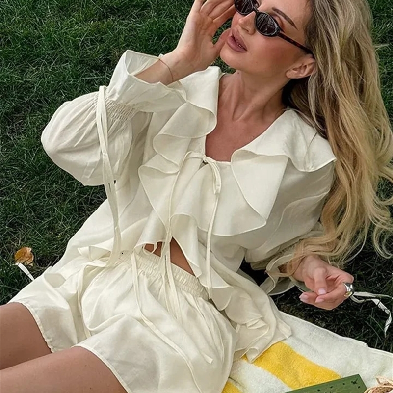 Summer Holiday Long Sleeve Ruffle Lace Up Chiffon Shorts Suit Women Casual V Neck Solid Loose Shorts Set 2025 Female Outfits 250519