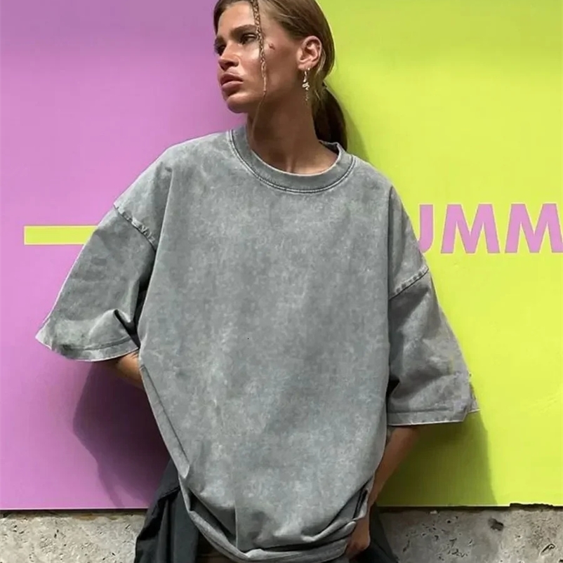 Wolfeel 100% Cotton Retro T-shirt Women Vintage Short-sleeve Wax printing T Shirts Men Solid Color Hip Hop Loose Tees250411bj