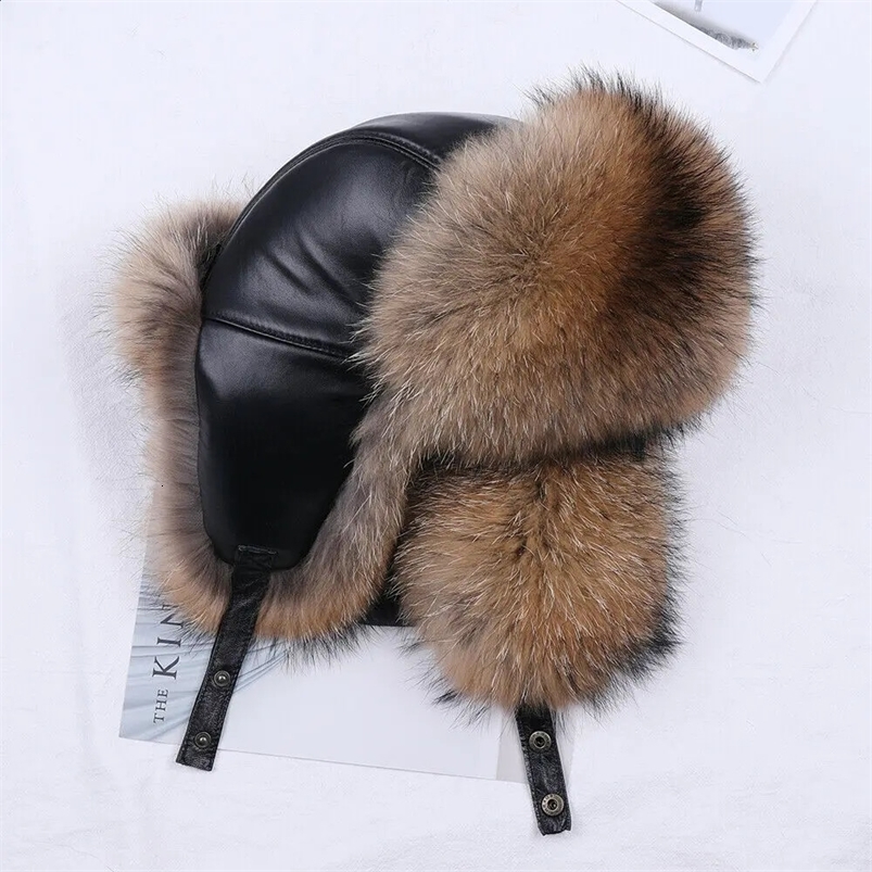 Winter Mens 100% Real Silver Fox Fur Bomber Hat Raccoon Fur Ushanka Cap Trapper Russian Man Ski Hats Caps Real Leather 241014