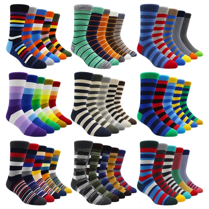 5 pairs of large-sized casual cotton funny long womens and mens socks contrasting colors with rainbow stripes mens socks EU41-48 241111