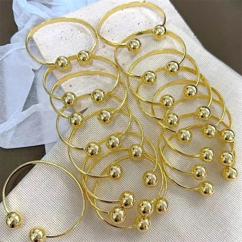 5Pcs Trendy Simple Gold Plated Double Ball Open Cuff Bangles Adjustable For Women Men Party Jewelry 240626
