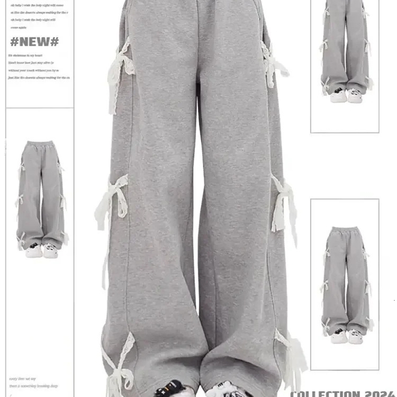Womens Grey Lace Lace-up Pants Vintage Y2k Harajuku 90s Aesthetic Sweatpants Retro High Waist Wide Trousers 2000s Clothes 240820