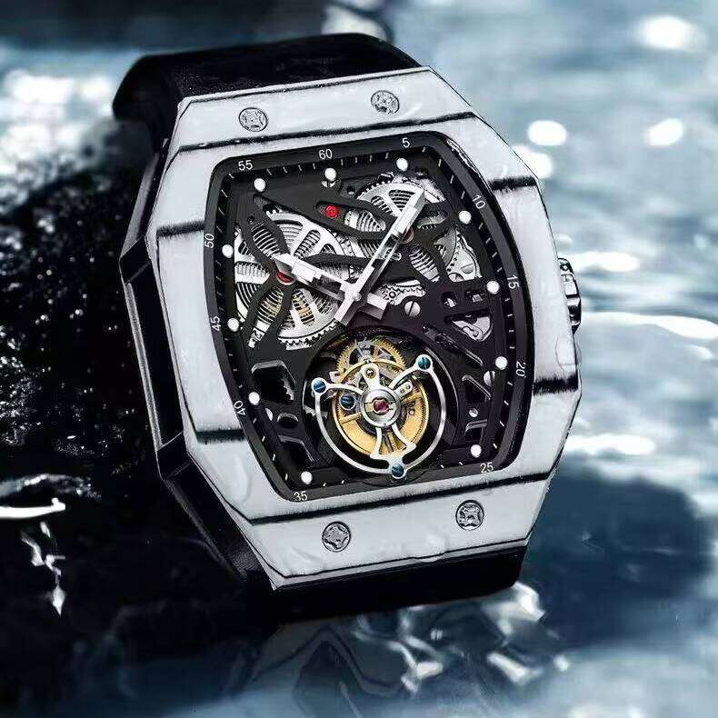 Men's Fashion Mechanical Watch Flying Tourbillon Movement High Quality 16mm Dial Display Rectangle Hip Hop Rubber Free Shipping