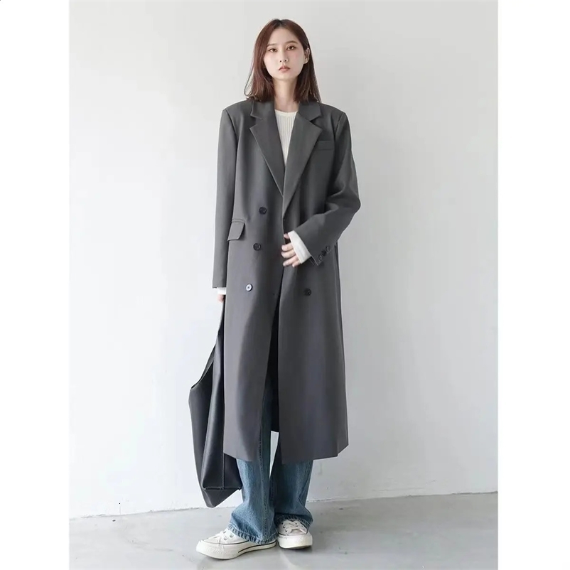 Casual Double Breasted Long Blazer Trench Coat Korean Fashion Turn-down Collar Windbreaker Jacket Vintage Office Lady Outwear 240729