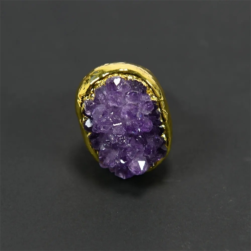 Natural Amethsyt Druzy Coarse Cluster Free Shape Gold Plated Ring Adjustable Womens Simple Gift 240927