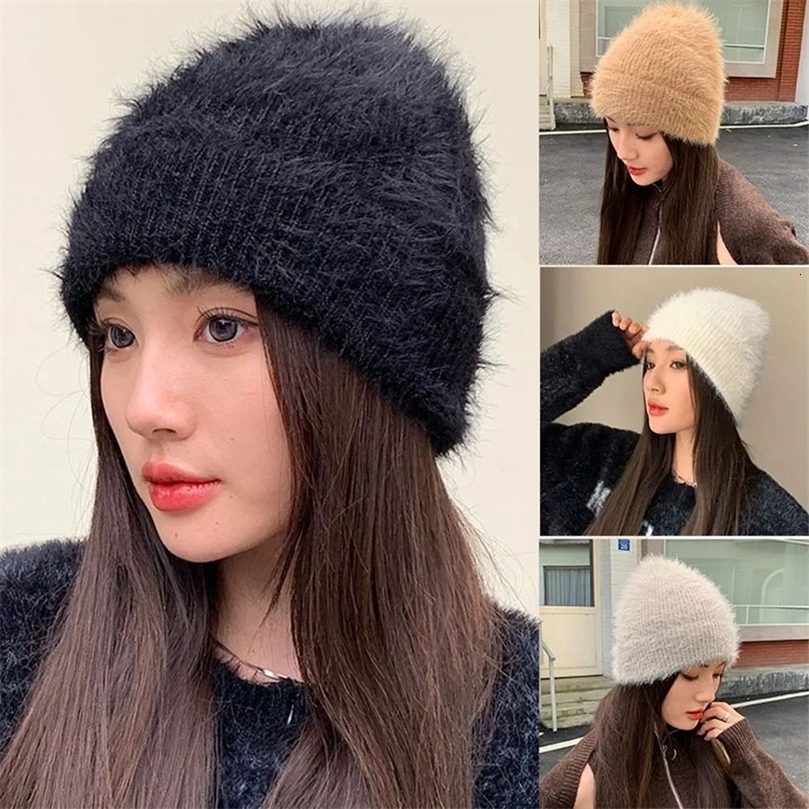 BeanieSkull Caps Windproof Rabbit Wool Cap High Quality Solid Color Knitted Plus Hat Party Gift Thick Warm Outdoor 230927