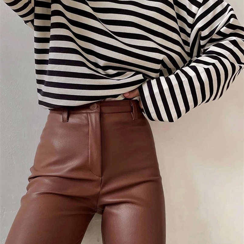Classic Beige Leather Wide Trousers for Women Winter Black Slim Pancil Pants PU Faux Pants Elegant Womens Office Pants 240820
