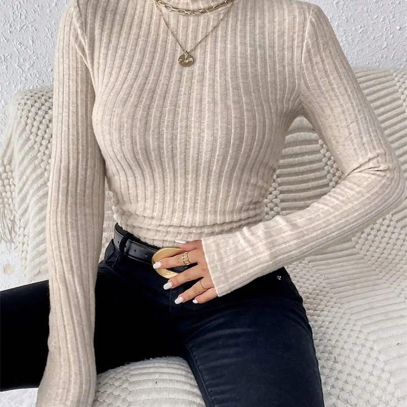 Autumn and winter sexy texture pit stripe ultra-thin knitted long sleeved womens T-shirt high neck womens top casual womens top 250206