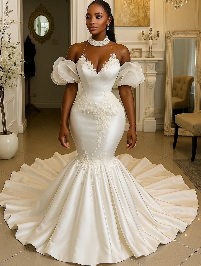 African Long Mermaid Wedding Dresses High Neck Off Shoulder Ruffles 3D Floral Pearls Royal Train Bridal Gown Garment Customsized