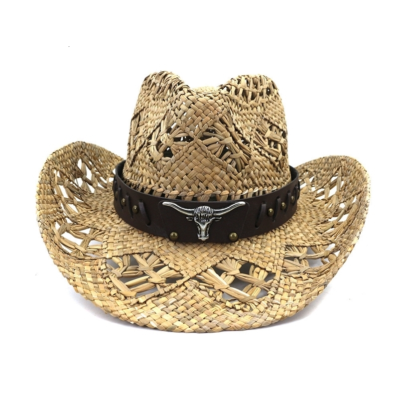 Chapeaux à bord large seau Summer Sunoor Protection Soleil Cowboy Paille de cowboy pour hommes Femmes Cap de plage Natural Salt Grass Handmade Cr