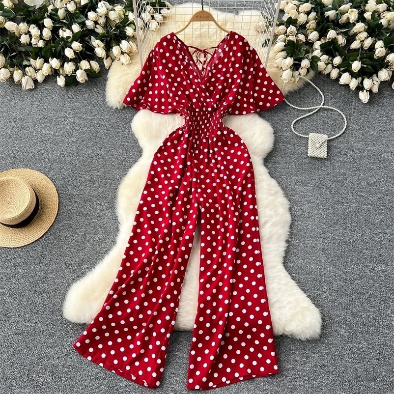 summer polka dot jumpsuit elegant womens V-neck short sleeved high waisted jumpsuit loose wide leg sportswear fashionable 240820bj