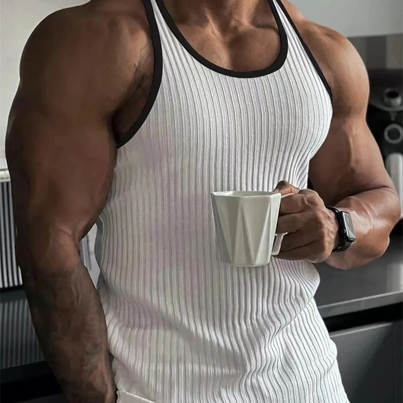Mens Quick-drying Elastic Fitness Wear Gym Running Slim Vertical Stripes Sleeveless Fashion Summer 241230