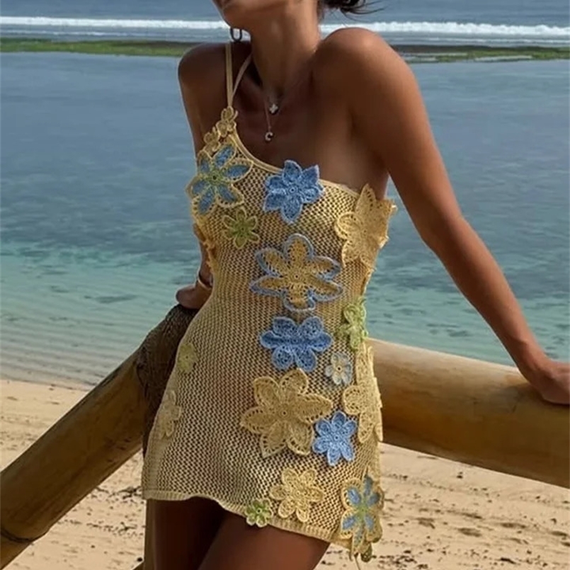 Sexy Knit Flower Sling Mini Dress Women One Shoulder Backless Bandage Hollow Out Dresses Female Summer Lady Beach Robes 250322