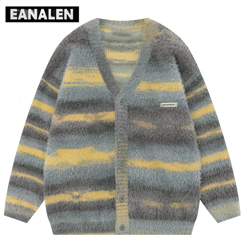 Harajuku Black Color Striped Knitted Cardigan Mens Vintage Korean Style Oversized er Tie Dye Grandpa Sweater Womens Y2K 240823