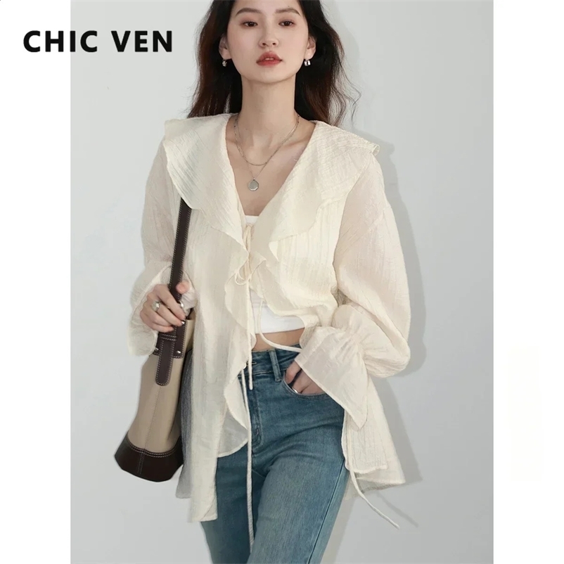 CHIC VEN Women Shirt Loose Casual Ruffled Edges Female Blouses V Neck Lace Up Mid Length Woman Shirts Spring Summer 2024250324bj