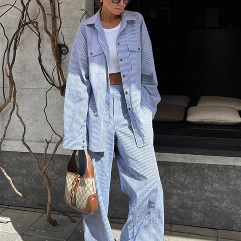 Fashion Blue Stripe Polo Collar Long sleeved ShirtHigh Waist Wide Leg Pants Two piece Set Womens Autumn Loose Casual Suit 240820