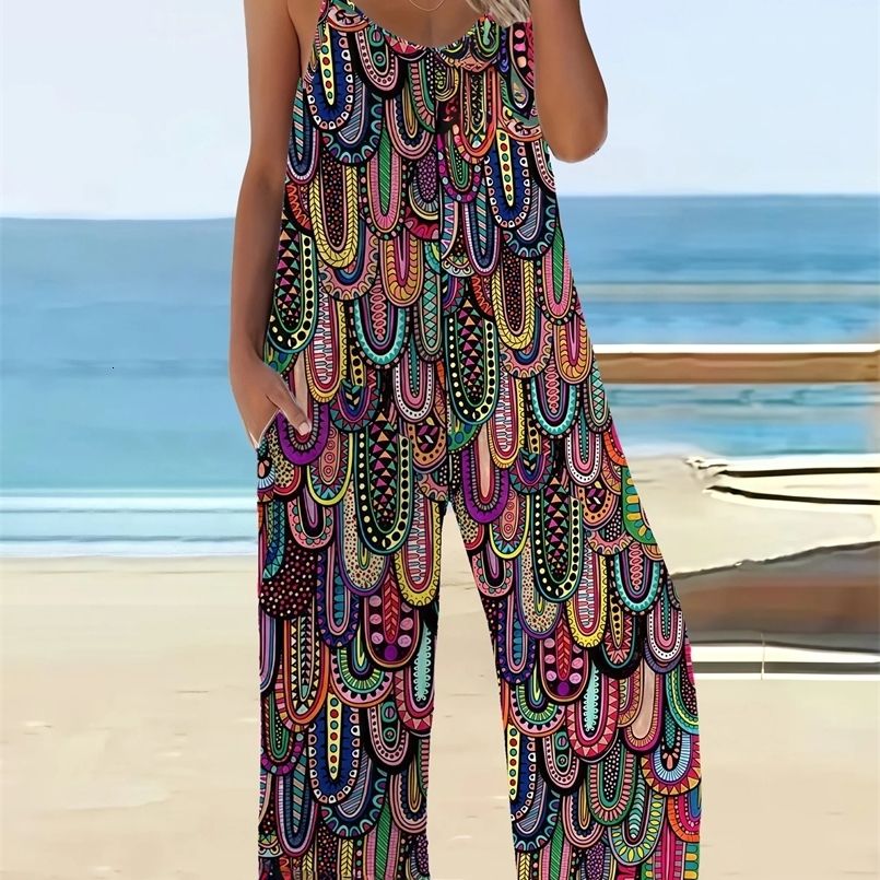 Boho Chic Leopard Print Jumpsuit for Women - Plus Size Loose Fit with Pockets Elegant Summer Romper 250318