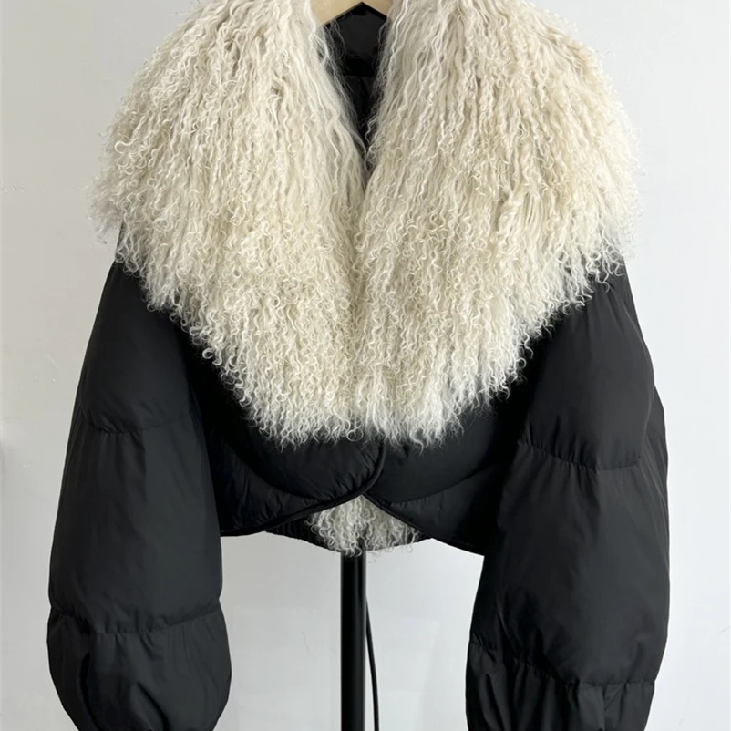 2024 Winter Women Short Puffer Parka Duck Down Waterproof Jacket Female Big Real Mongolian Sheep Fur Collar Coat 241223bj