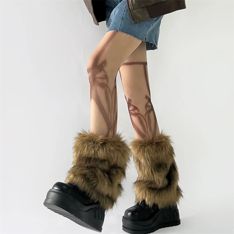 Y2k retro faux fur leg heater girl Harajuku winter warm fur boot cover socks Jk punk hip-hop role-playing accessories 240926bj