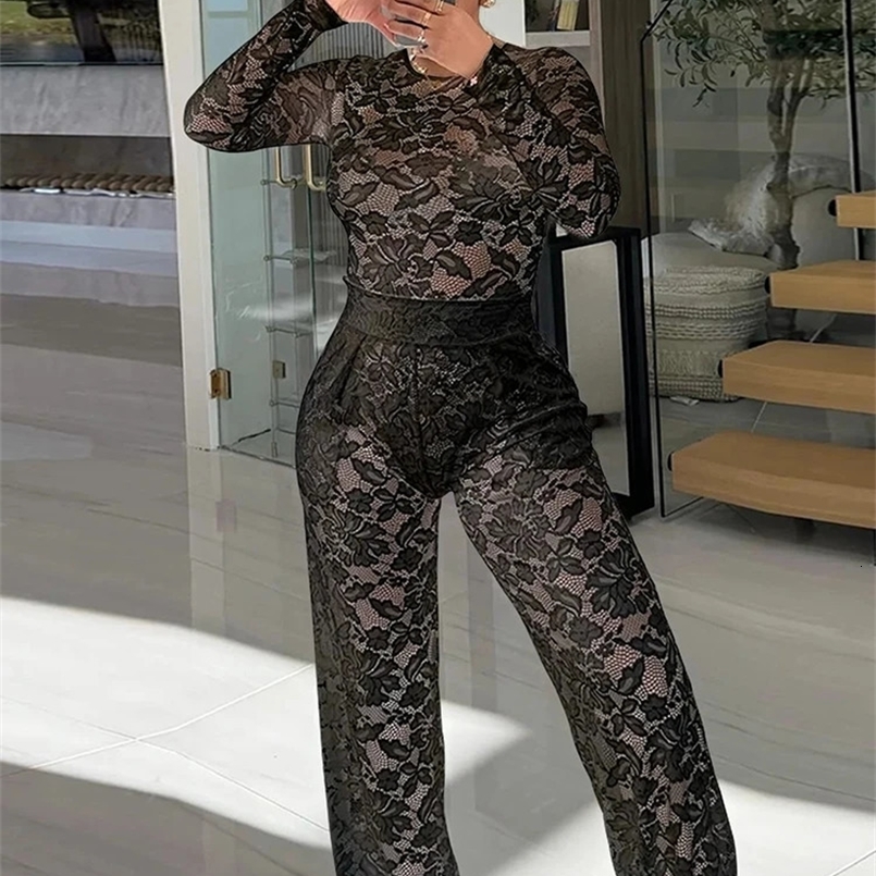 Znaiml Sexy Lace See through Two 2 Pieces Outfit Women Black Long Sleeve Bodysuits Top and Straight Pants Suit Birthday Clubwear 250106