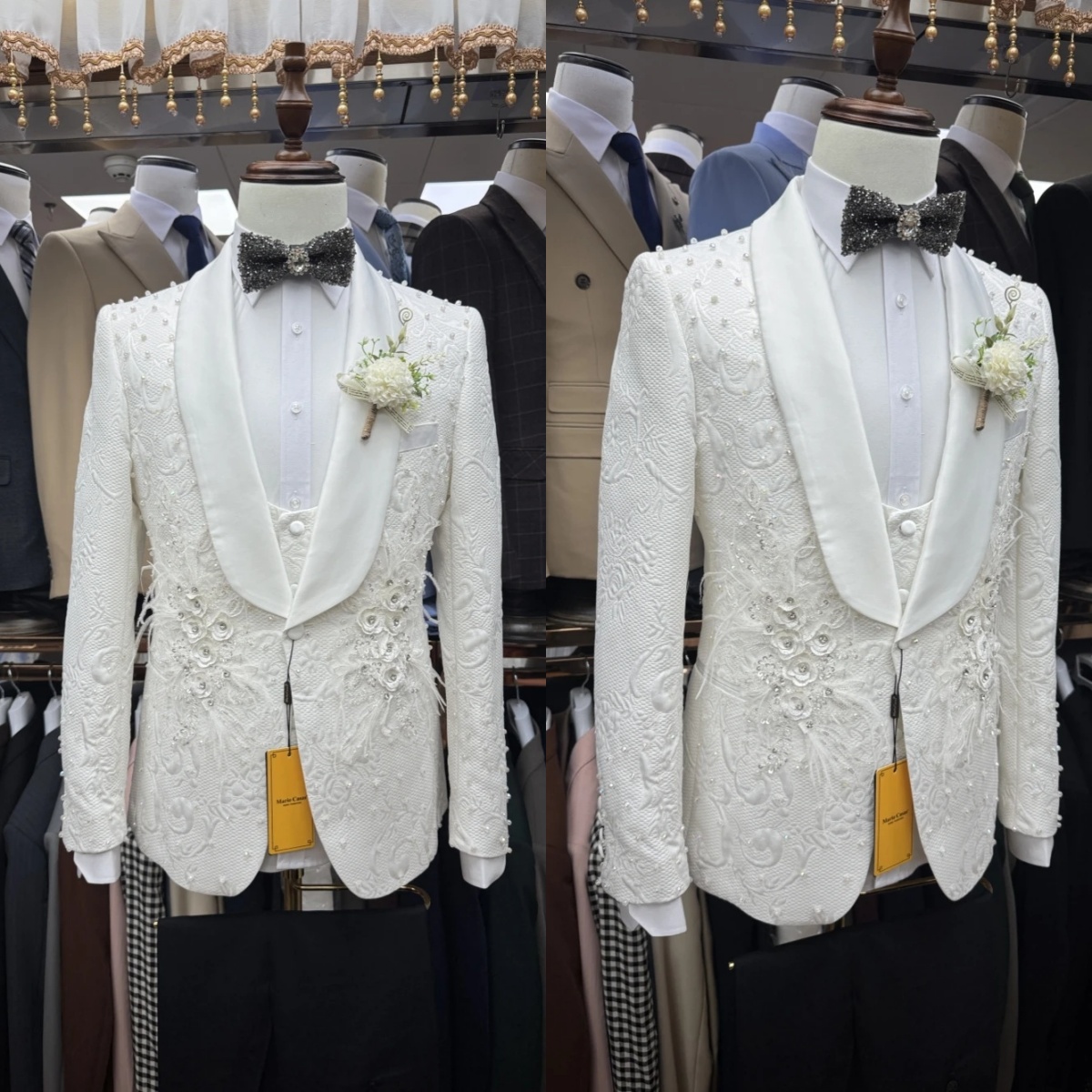 Luxury Men's Suit Shawl Lapel Appliques Tailor-Made 3 Pieces Set Jacket Pearls Jacquard One Button Customized Coat Vest Pants Plus Size