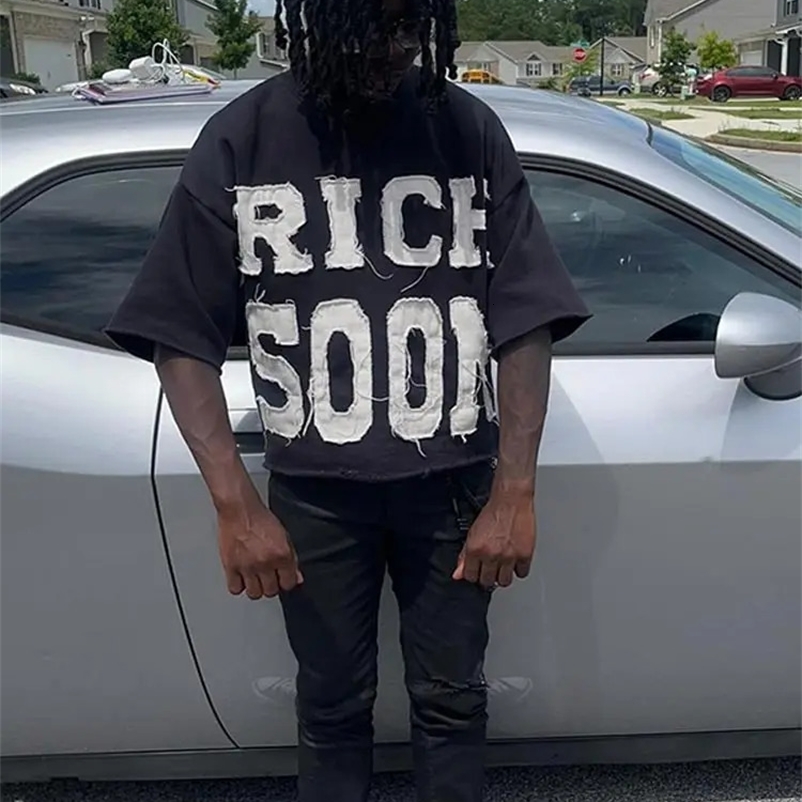 Rich Soon print O-neck mens fashionable short sleeved loose shirt top Y2k 2024 street Harajuku hip-hop casual T-shirt 240927bj