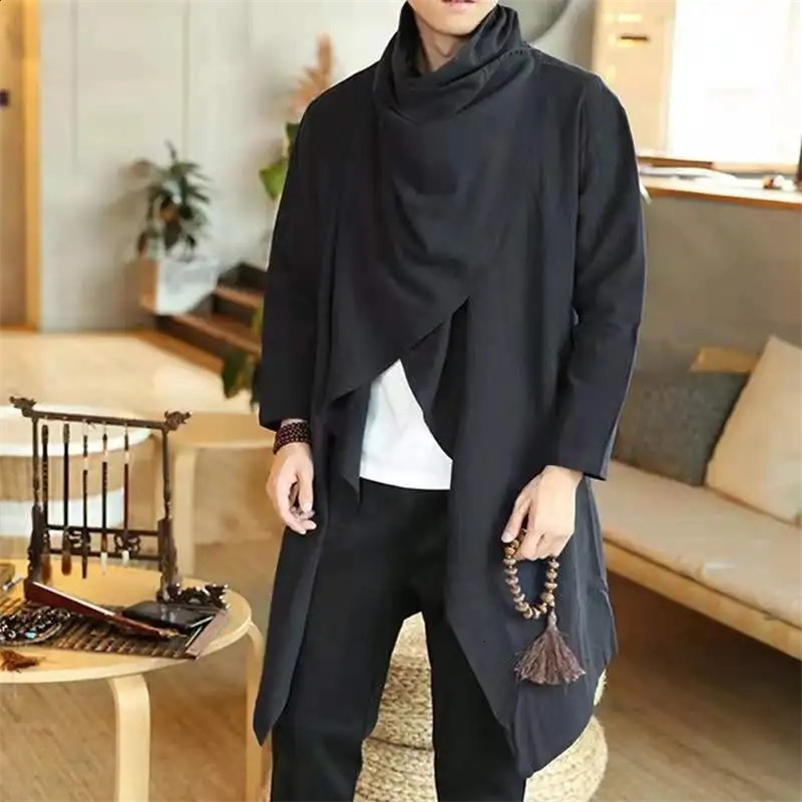 Retro Raincoat Mens Irregular Open Front Coat Long Sleeve Scarf Collar Trench Cotton Coat Solid Coat Mens Street Clothing 240823bj