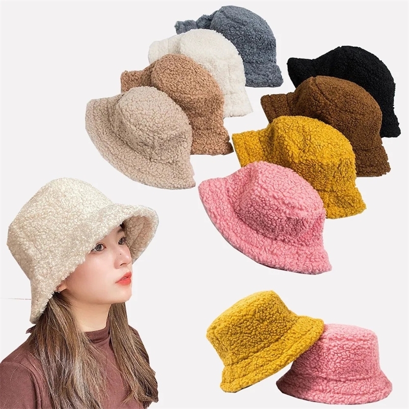 Lamb Wool Faux Female Hat Fur Warm Female Hat Faux Fur Winter Womens Bucket Hat Outdoor Sun Hat Panama Lady Hat 240125