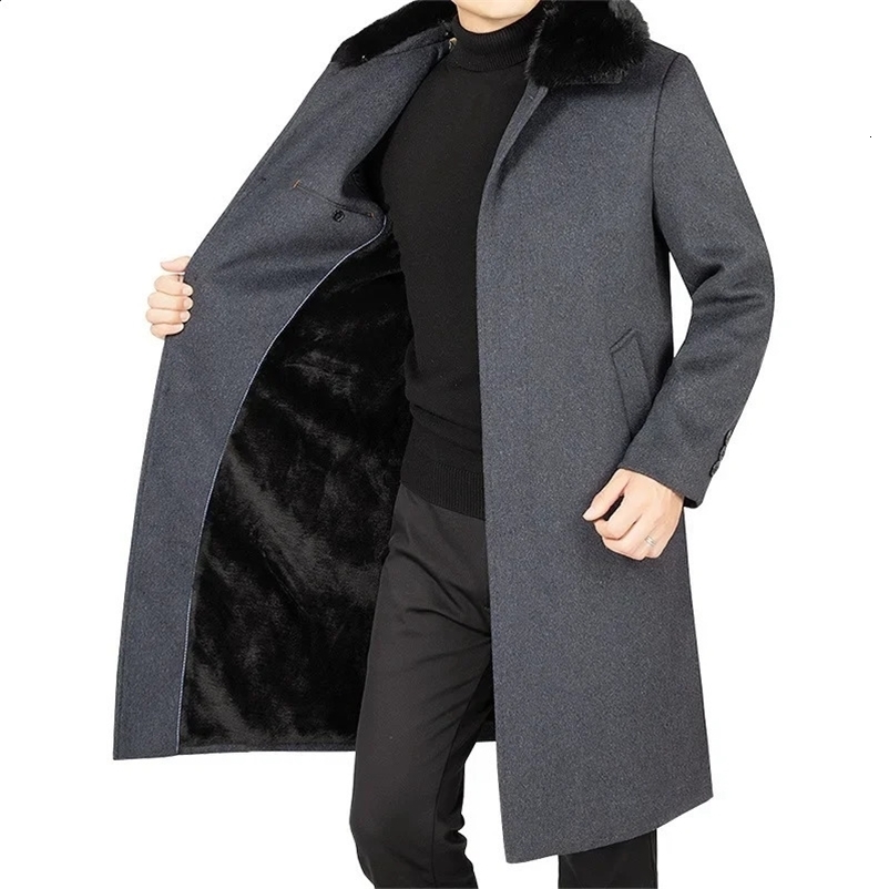 Men Fleece Fur Collar Woollen Overcoats Cashmere Long Jackets Winter Trench Coats Quality Male Thicker Warm Coat Wool Blends 241223bj