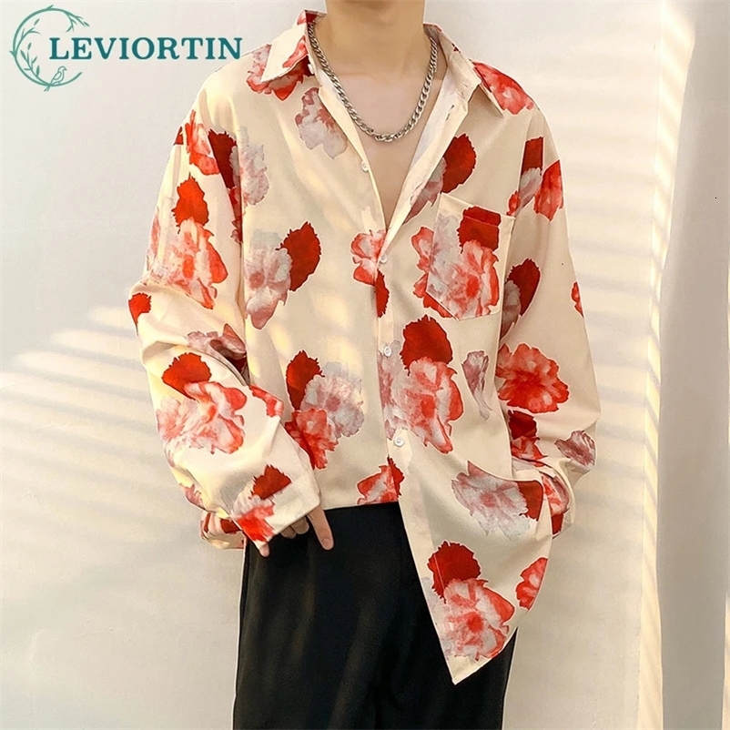 Vintage Hawaiian Style Beach Shirt For Men Summer Loose Pointed Neck Printed Long Sleeve Shirt Youth Streetwear Y2K Clothes 240506