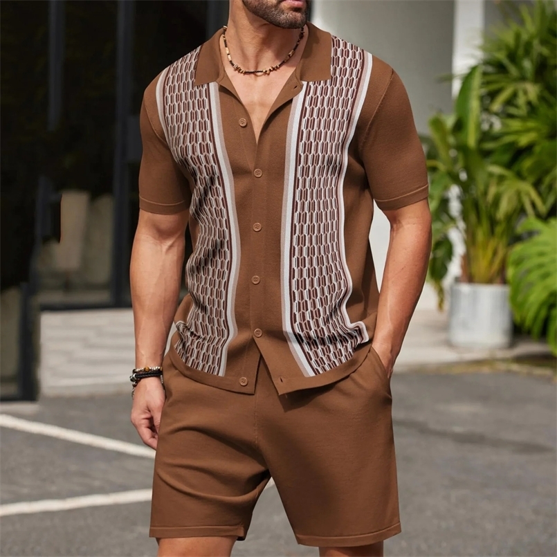Summer Mens Knit Shirt Sets Single Breasted Casual Slim Polo Shirt Shorts Suits Short Sleeve Daily Knitted Outfits 2 Pieces Sets 250314