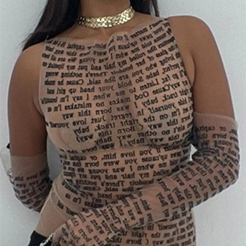 Sexy see through letter print crop top summer y2k top women clothes long sleeve tees cropped tops camisas tshirt womans clothing250222bj