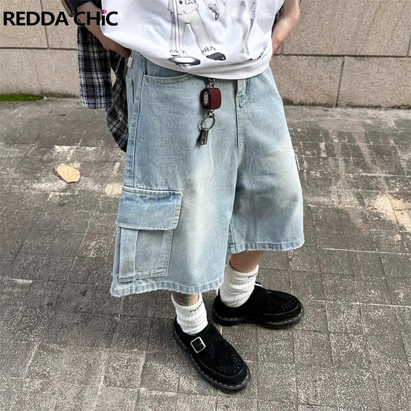 ReddaChic Men Frayed Wide Leg Denim Shorts Korean Summer Washed Low Waist Cargo Pockets Plain Casual Baggy Jorts Vintage Clothes 250113